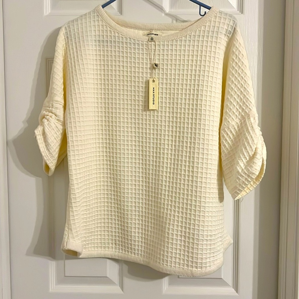 Waffle Knit Quarter Sleeve Top - Ivory